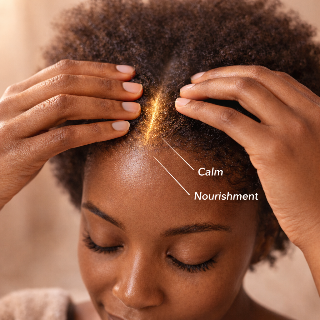 A woman parts her coily hair, revealing a glowing scalp with text labels for 'Calm' and 'Nourishment'.