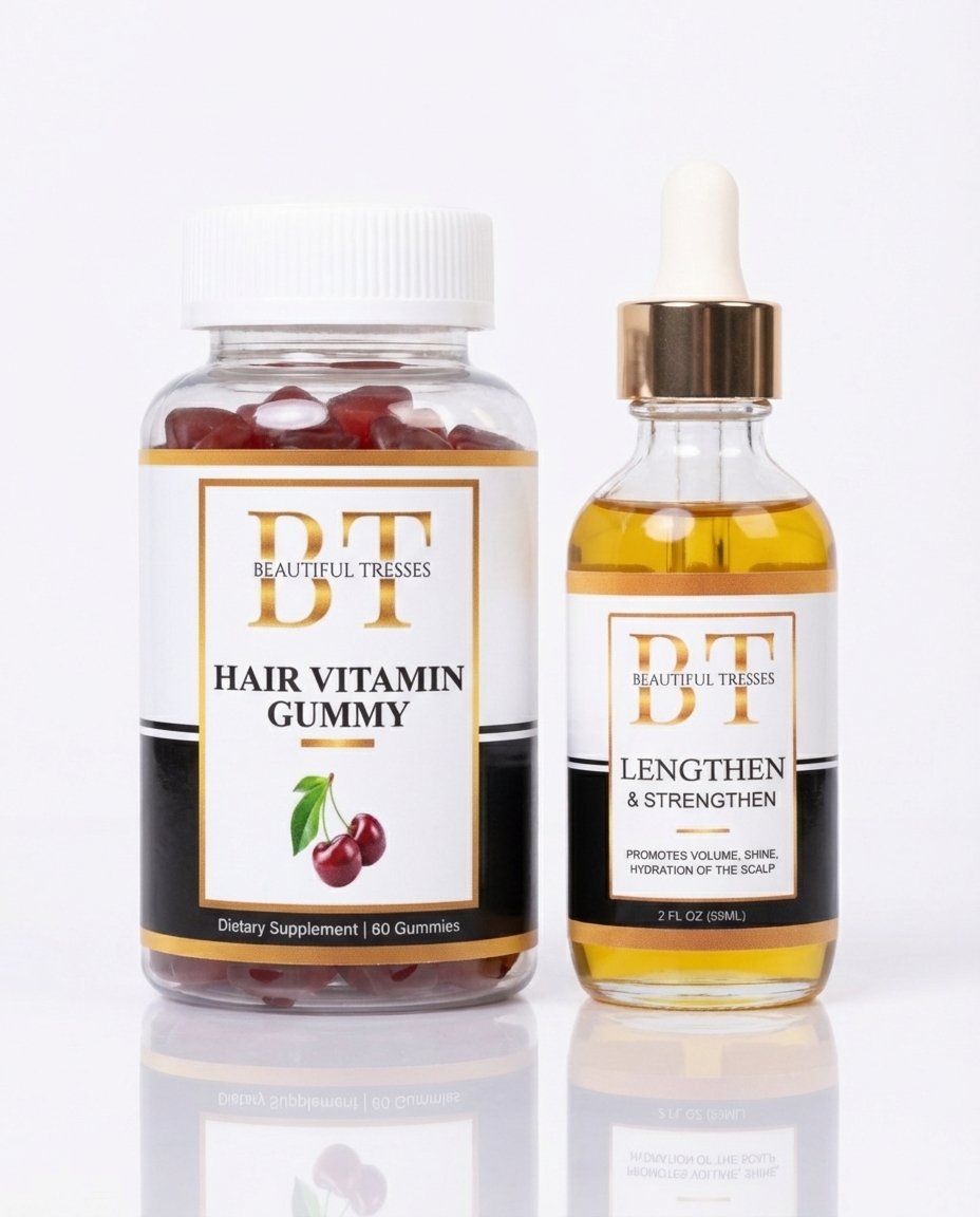 A bottle of Beautiful Tresses hair vitamin gummies next to a dropper bottle of Lengthen & Strengthen hair oil.