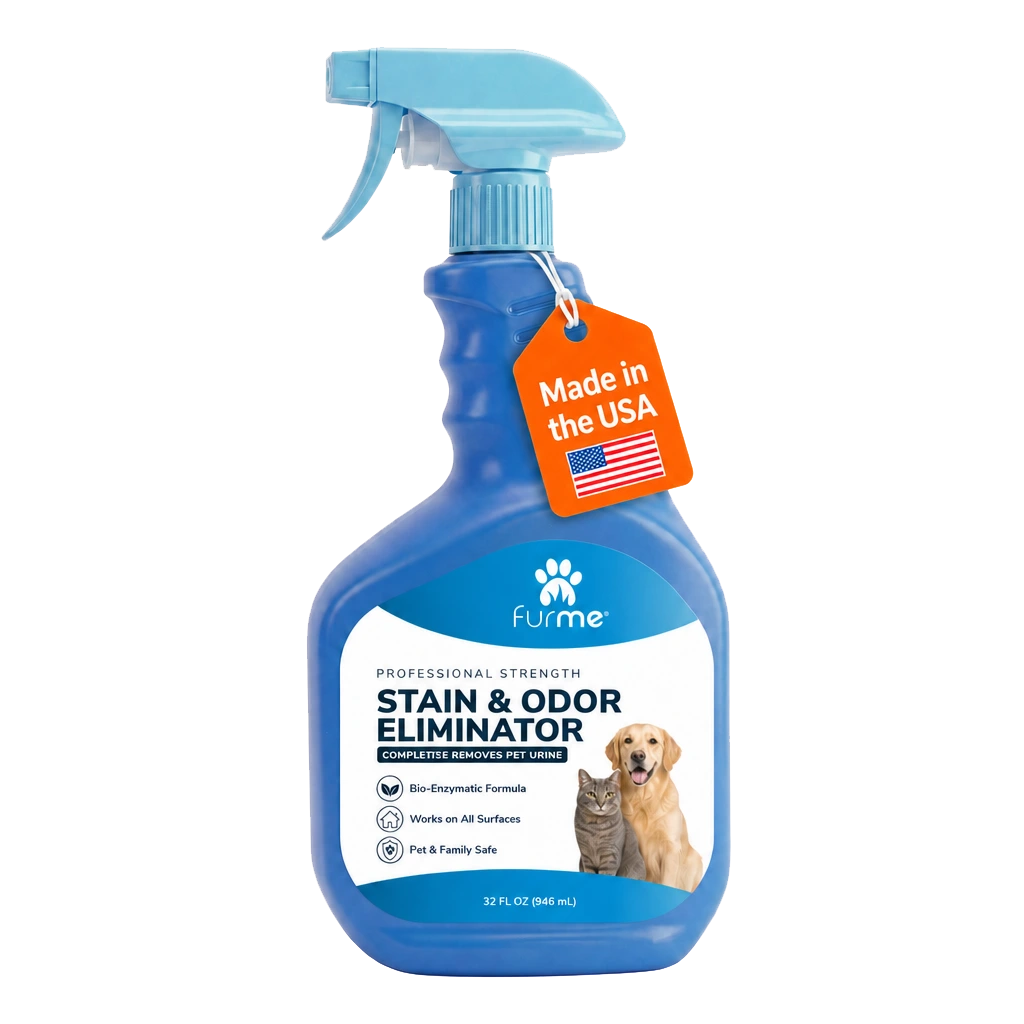A blue spray bottle of Furme Stain & Odor Eliminator for pets, with a 'Made in the USA' tag.