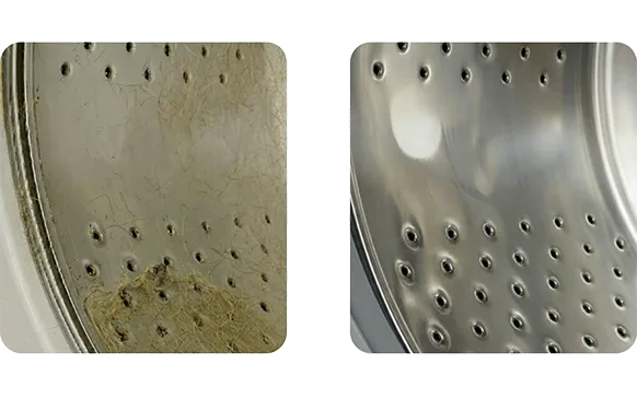 A before and after comparison showing the inside of a washing machine drum, dirty and then clean.