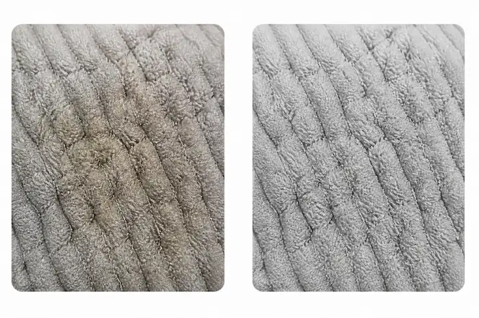 A before-and-after comparison showing a stain being removed from a grey, textured fabric.