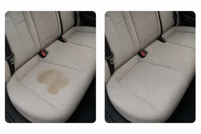 A before and after comparison of a stain being cleaned from a light-colored car seat.