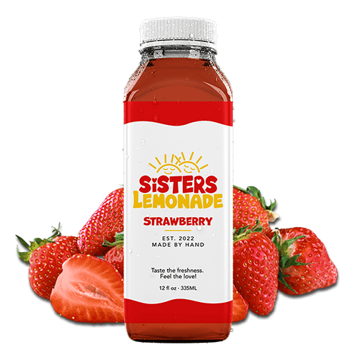 Bottle of strawberry lemonade with fresh strawberries around it.