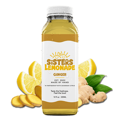 Bottle of ginger lemonade with lemon slices and ginger root.