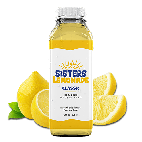 Bottle of Sisters Lemonade with lemons in the background.