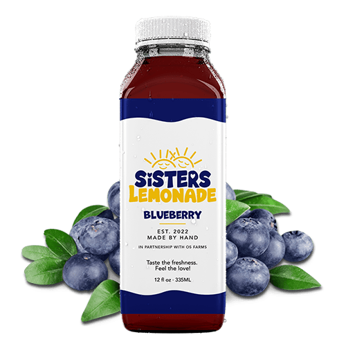 Bottle of Sisters Lemonade Blueberry with blueberries and leaves around it.