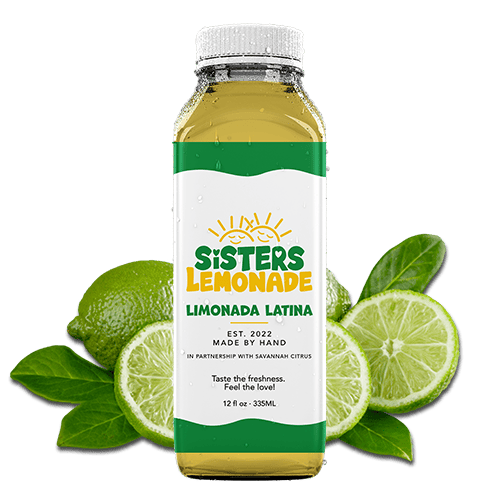 A bottle of Sisters Lemonade with limes in the background.