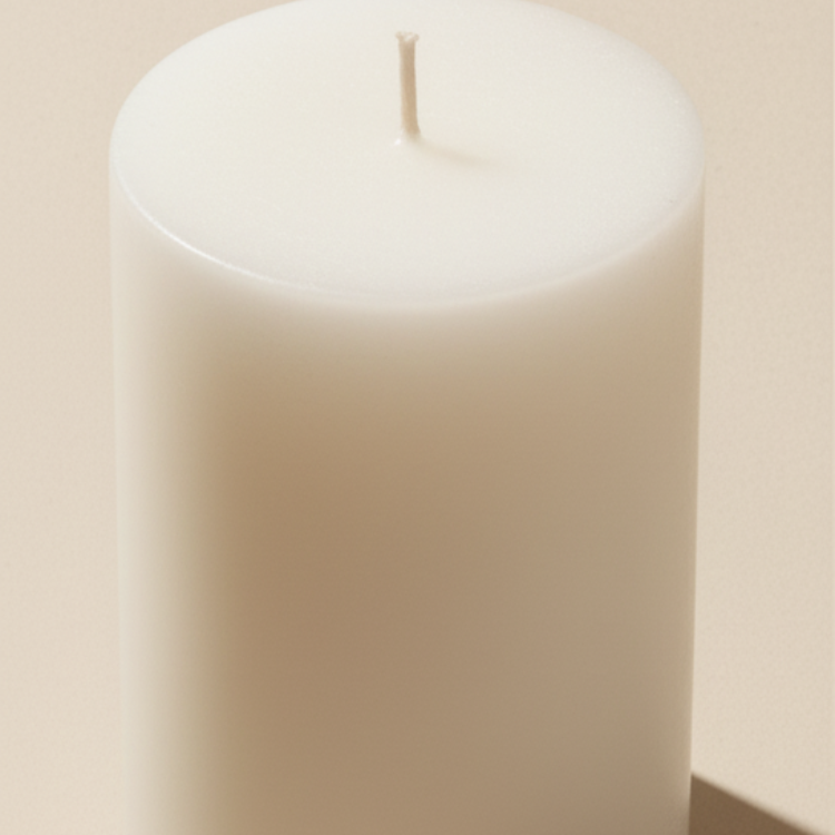 A white cylindrical candle against a beige background.