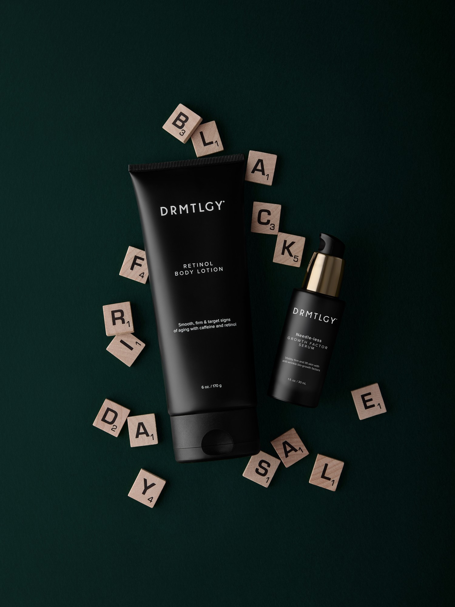 Two black DRMTLGY skincare products on a green background with letter tiles spelling 'Black Friday Sale'.