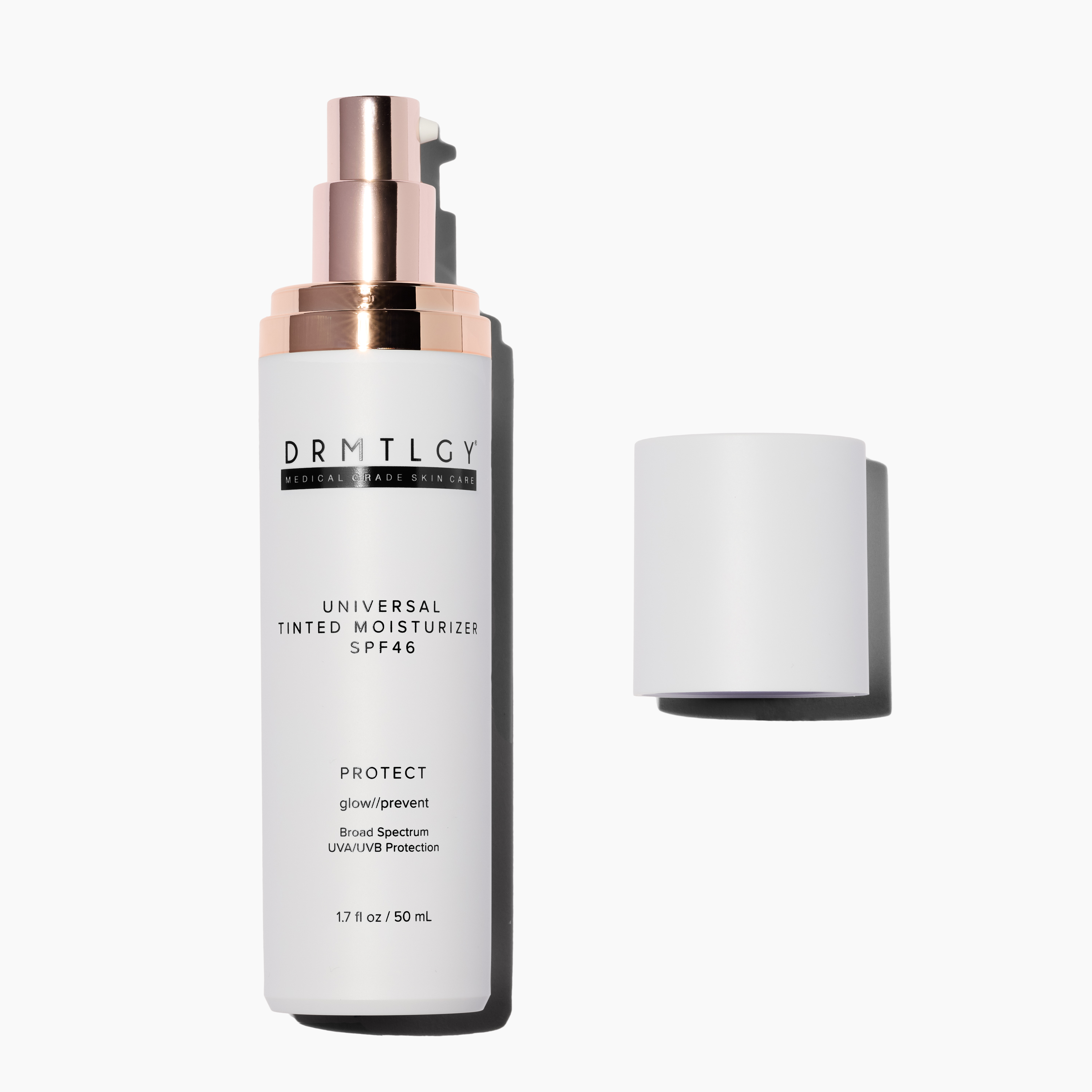 A bottle of DRMTLGY Universal Tinted Moisturizer SPF 46 with a removed cap.