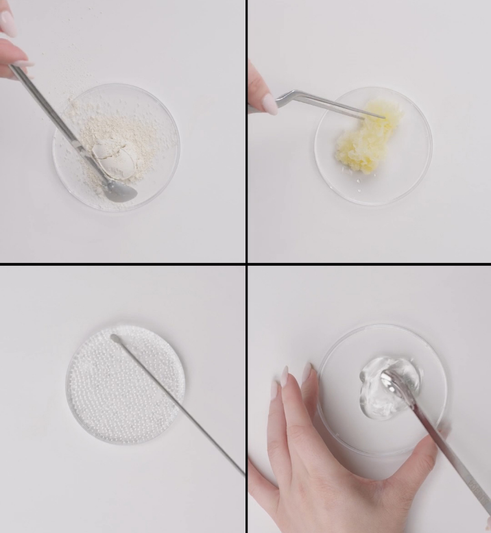 Four images showing different substances being mixed in petri dishes.