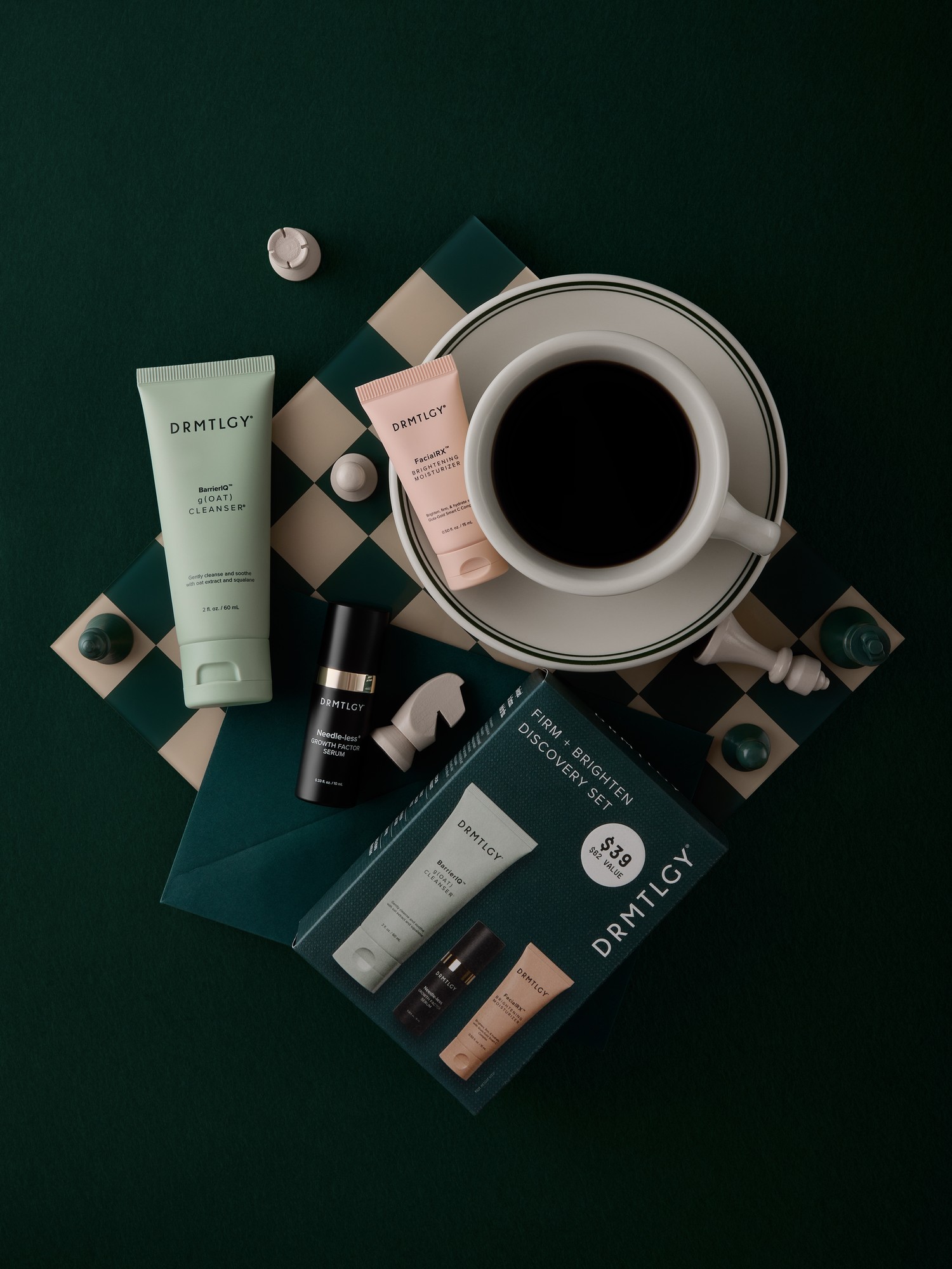 DRMTLGY skincare products are arranged on a green checkerboard with a cup of coffee and chess pieces.
