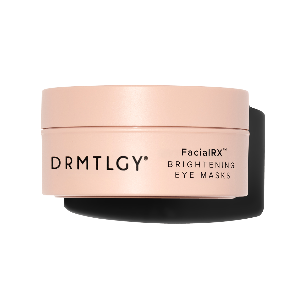 A peach-colored jar of DRMTLGY FacialRX Brightening Eye Masks against a white background.