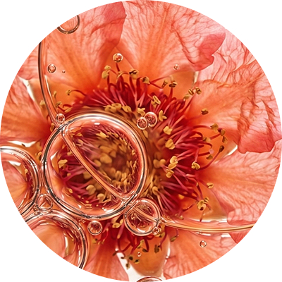 A close-up, circular view of a coral-colored flower with clear liquid bubbles resting on its petals.