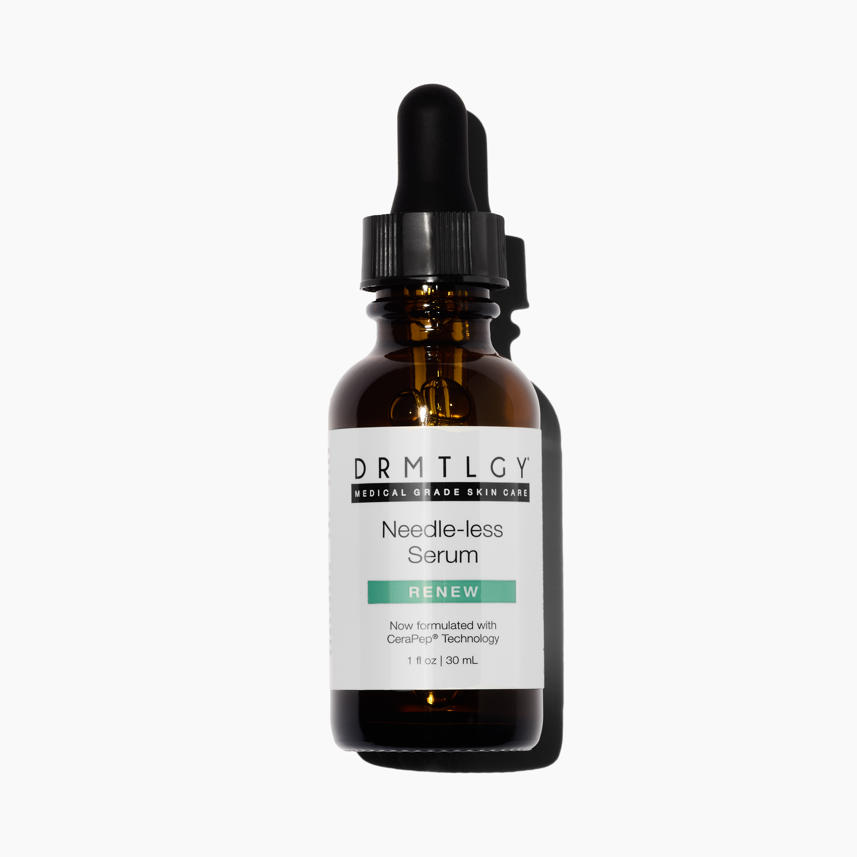 Brown dropper bottle labeled 'Needle-less Serum' by DRMTLGY.