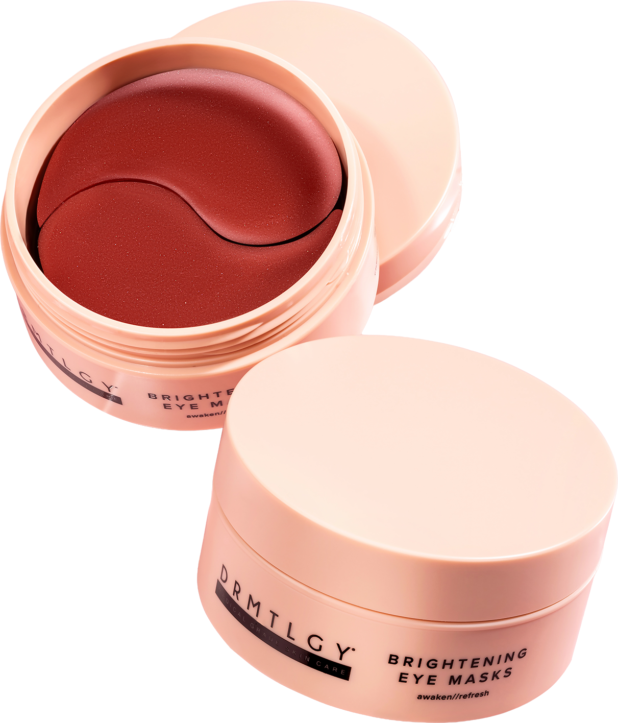 Open container of DRMTLGY brightening eye masks on a pink background.