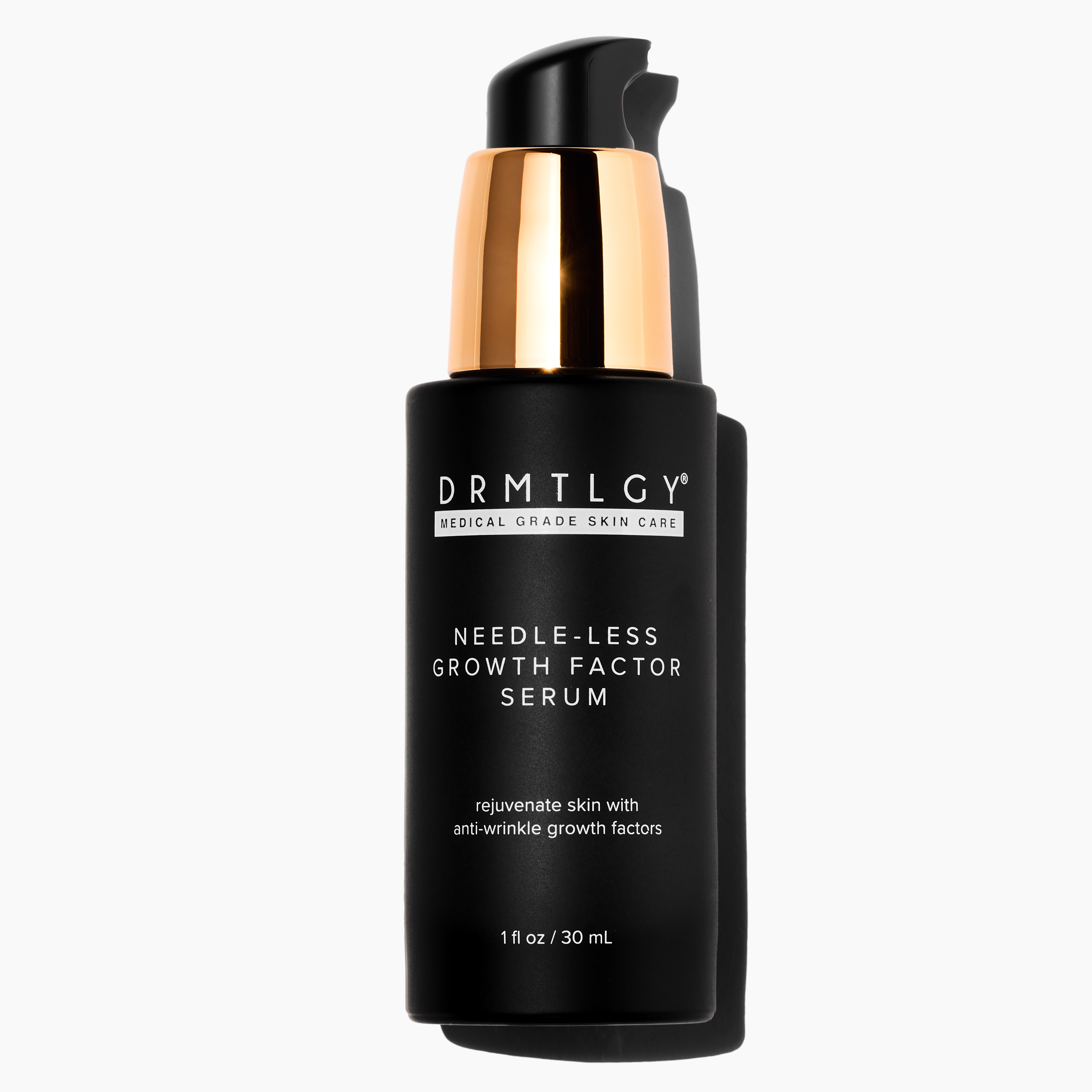 Black bottle with gold pump labeled 'DRMTLGY Needle-less Growth Factor Serum'.