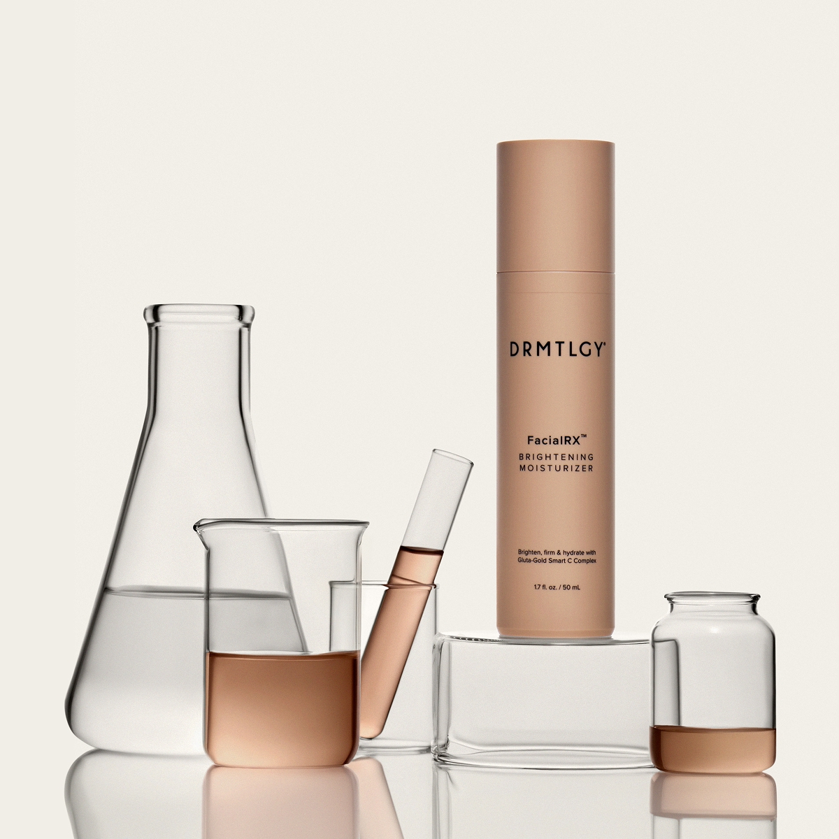 A bottle of DRMTLGY moisturizer surrounded by scientific beakers and flasks against an off-white background.
