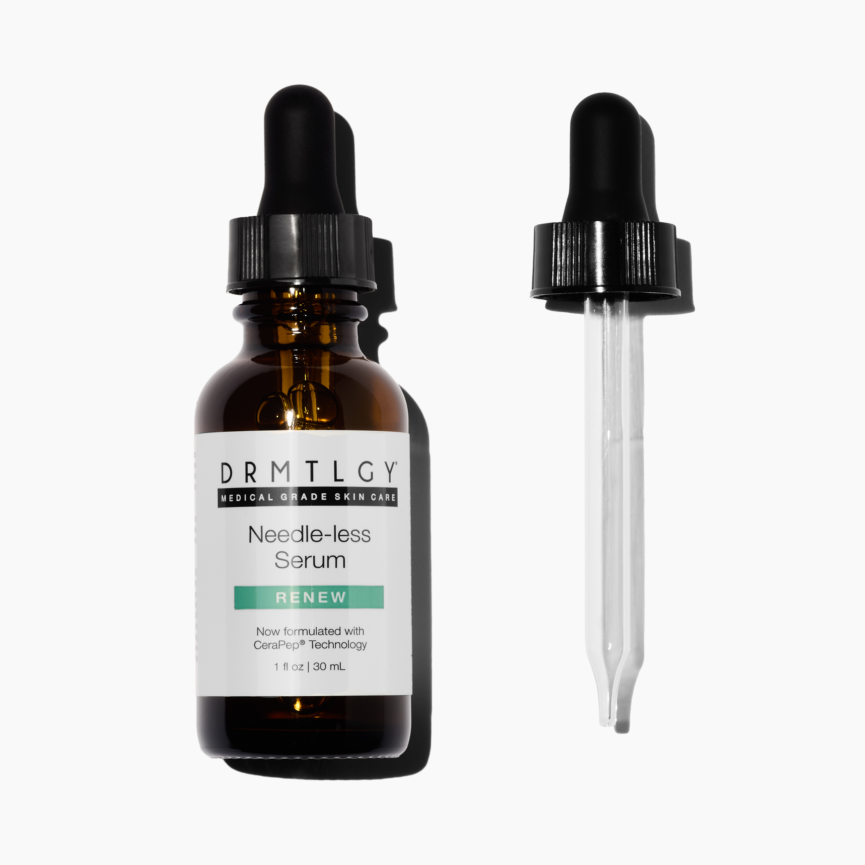 Brown bottle labeled 'Needle-less Serum' with a dropper beside it.