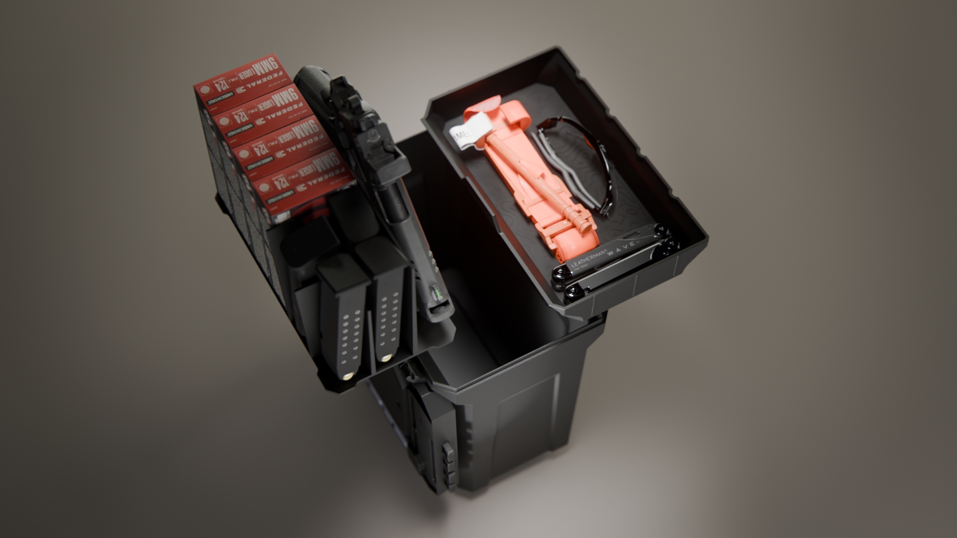 An open black storage case with an organizer holding a handgun, ammunition, magazines, and other equipment.