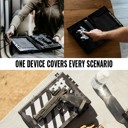Collage of gun cases and a handgun on a table with text 'One device covers every scenario.'