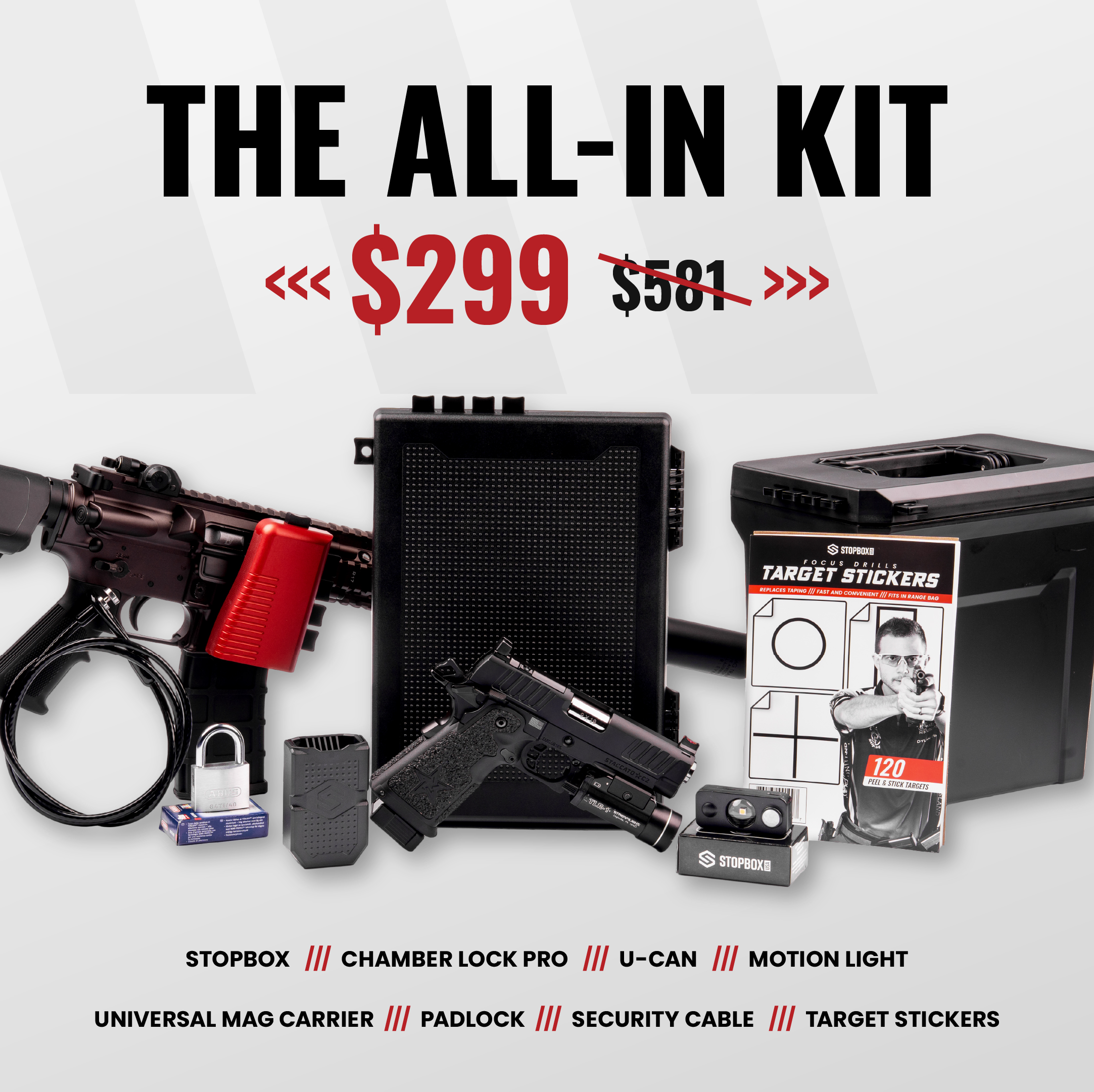 An advertisement for 'The All-In Kit' featuring firearms, gun locks, cases, and shooting accessories.