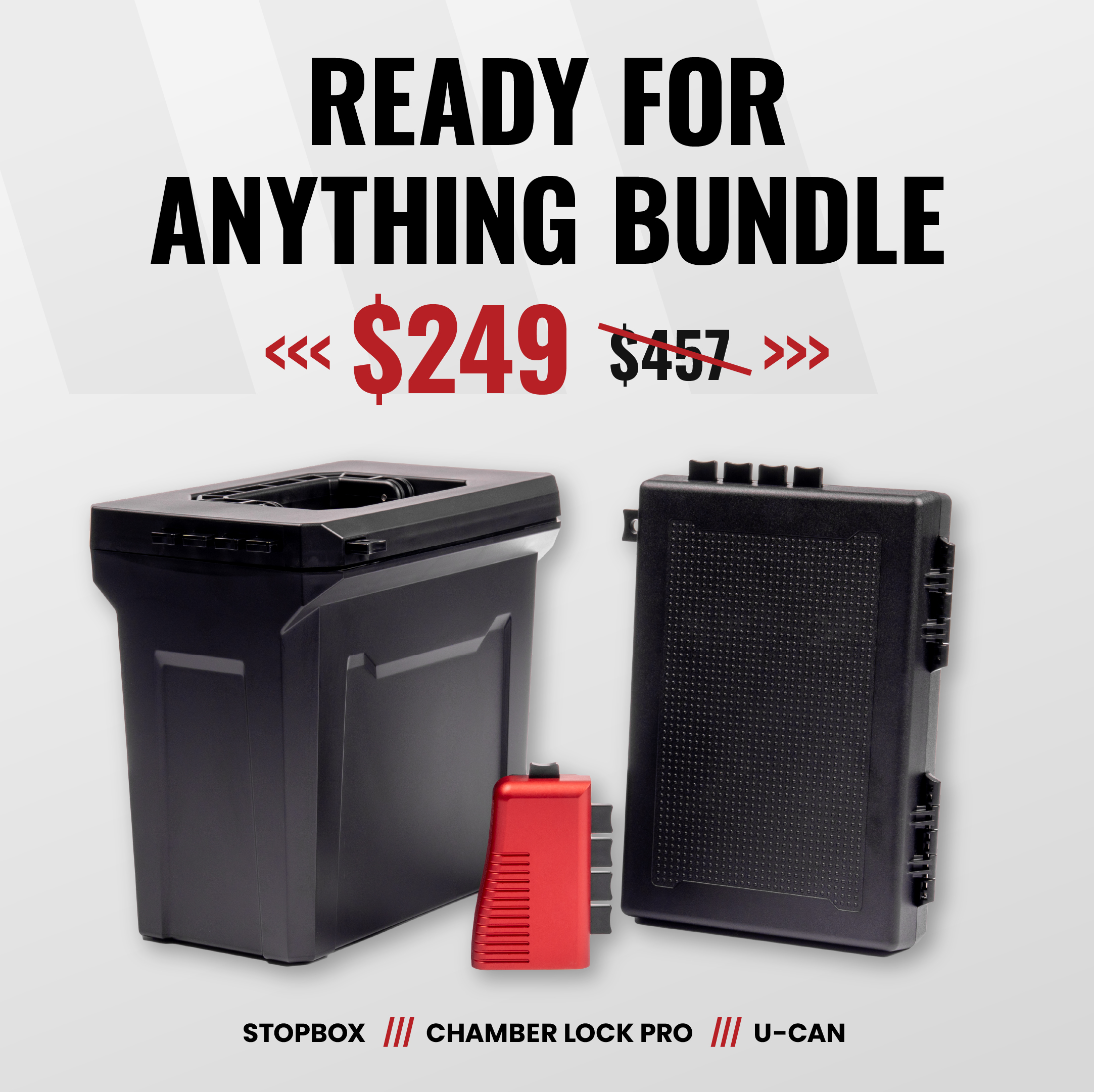 An advertisement for the 'Ready for Anything Bundle' showing a Stopbox, Chamber Lock Pro, and a U-Can.