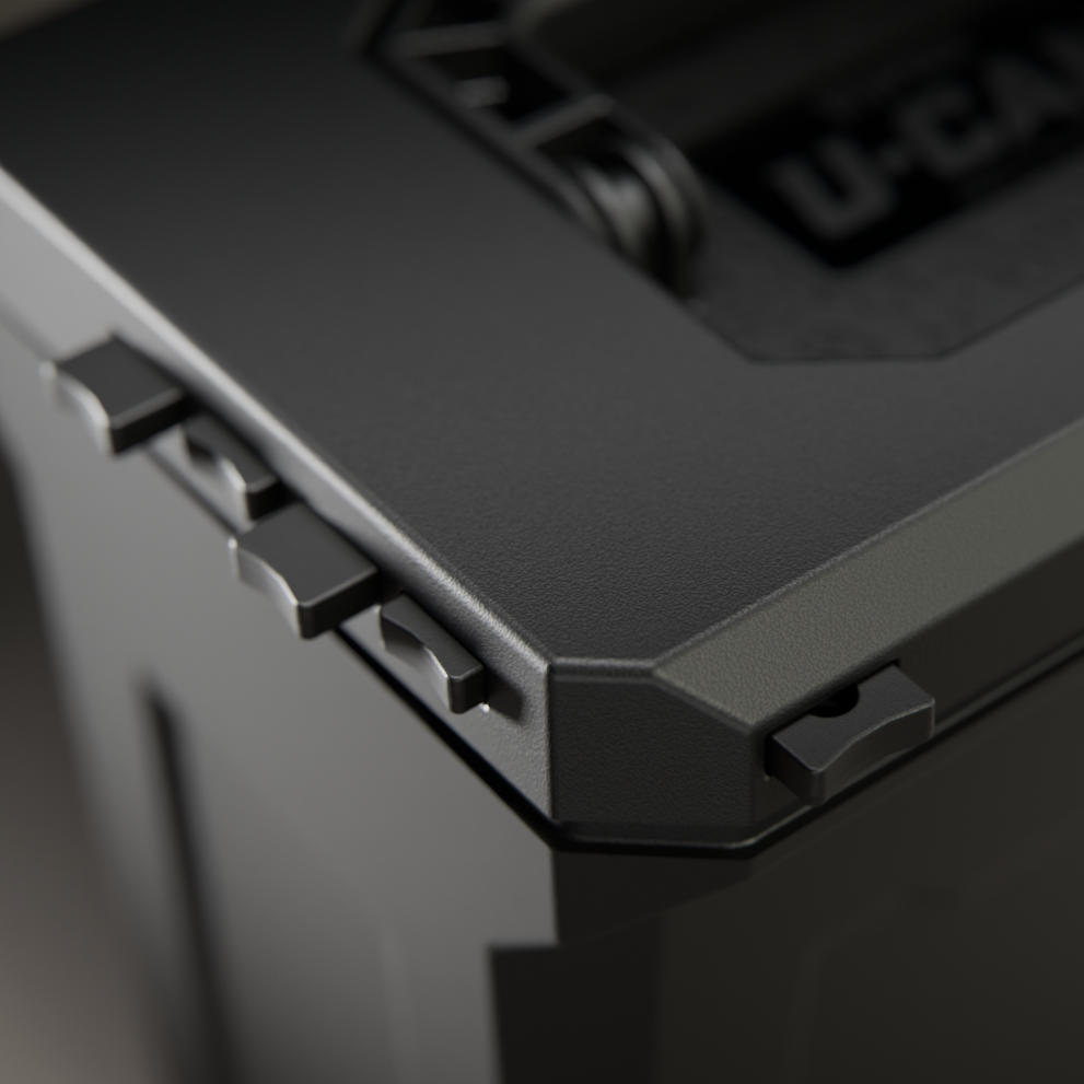 A close-up photograph of the corner of a black textured case, showing the lid and side tabs.