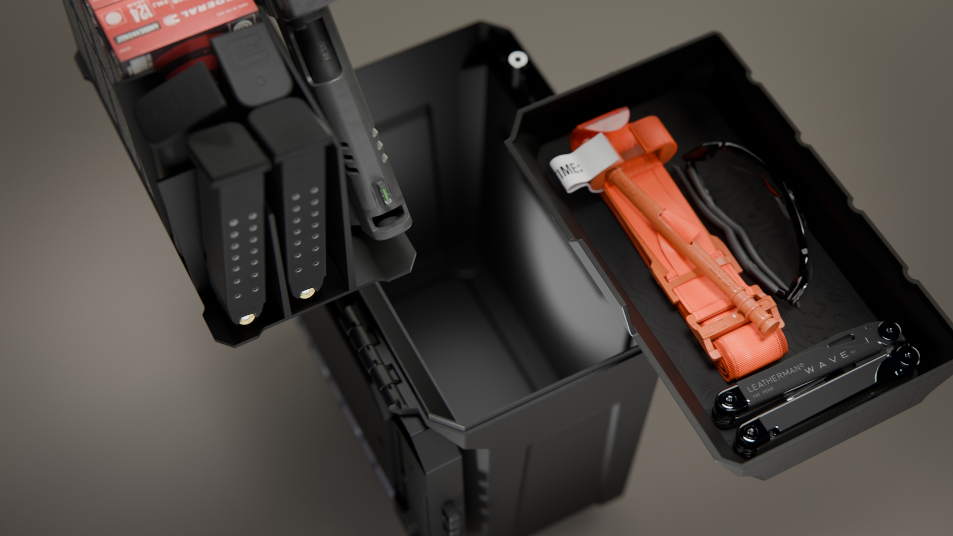 An open black case with organized trays holding a handgun, ammunition magazines, a tourniquet, and a multi-tool.