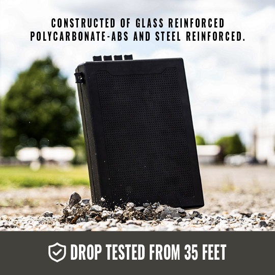 Black device on gravel, text about construction and drop testing.