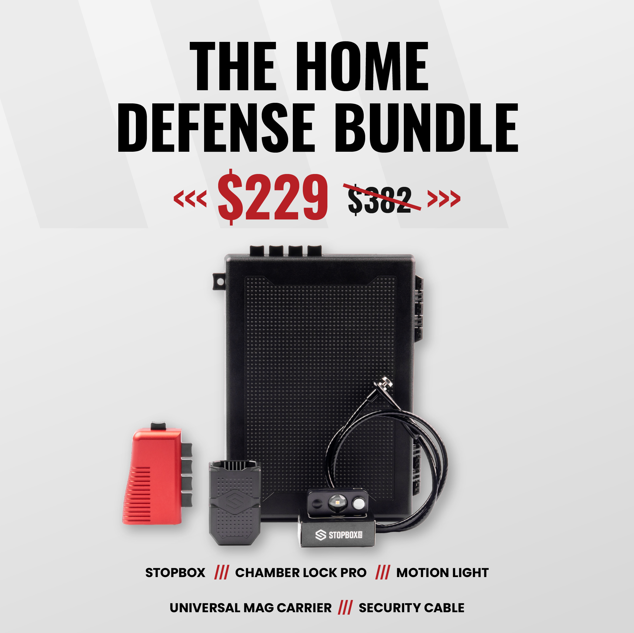 A promotional image of The Home Defense Bundle, including a Stopbox, lock, light, carrier, and security cable.