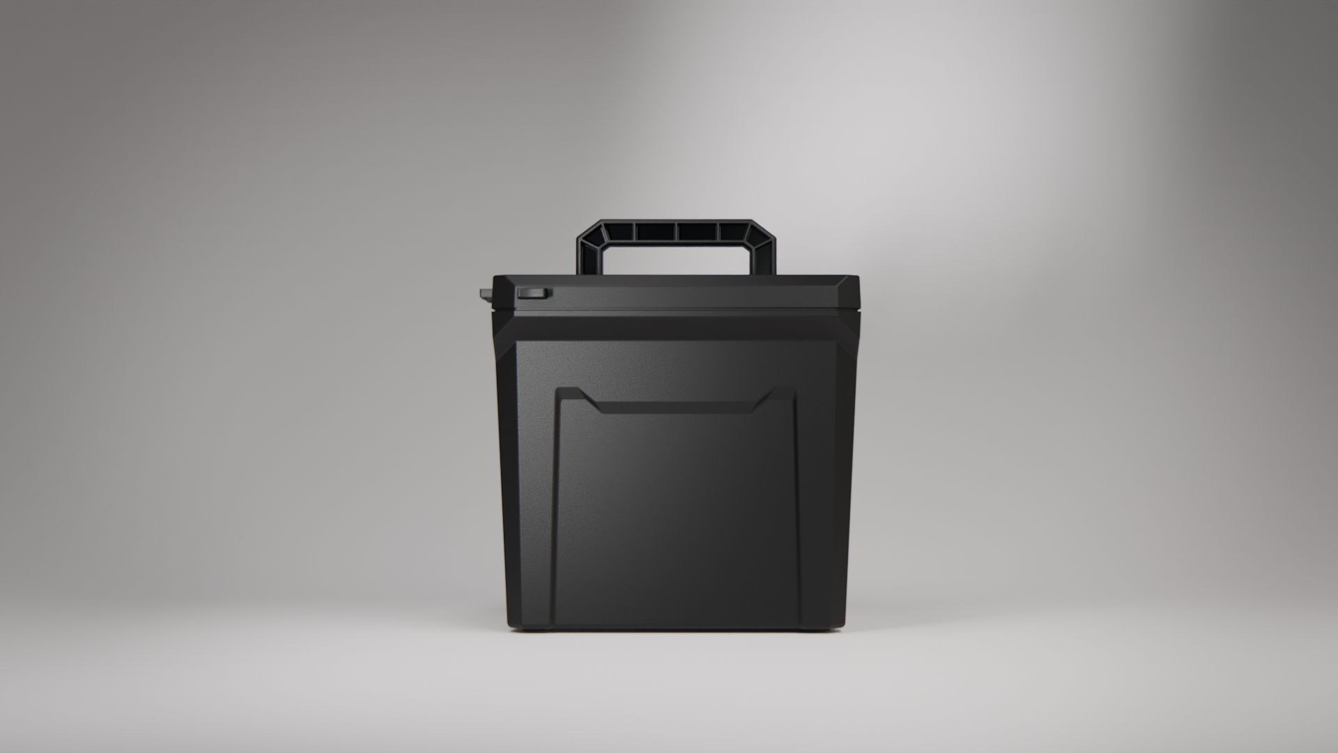 A front-on shot of a large, black portable battery with a handle, on a neutral gray background.