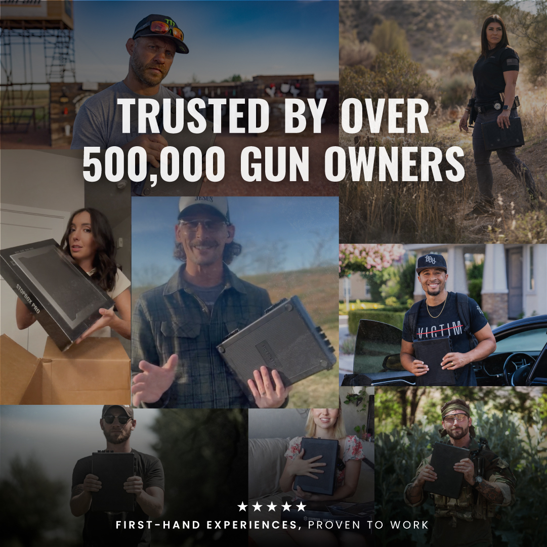 Collage of people holding a protective case, with text: 'Trusted by Over 500,000 Gun Owners.'