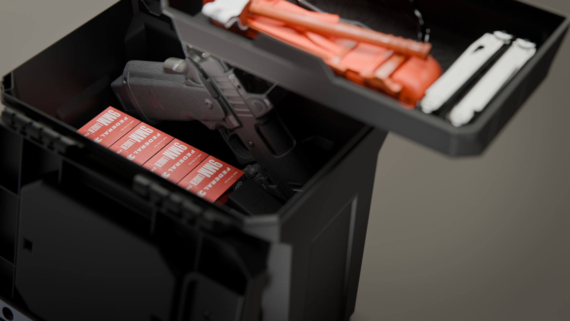 A close-up of an open black box containing a handgun, boxes of 9mm ammunition, and a supply tray.