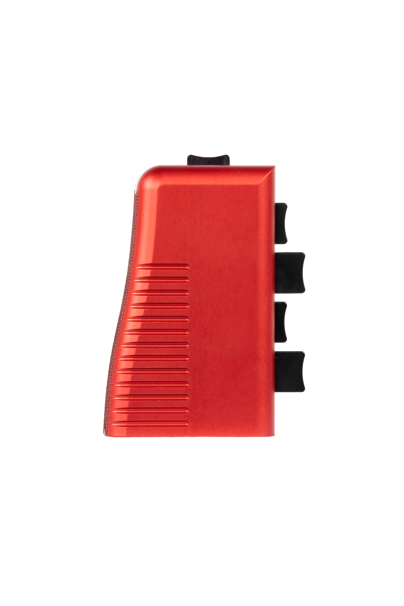 A side view of a red, metallic device with a ribbed grip and four black switches.