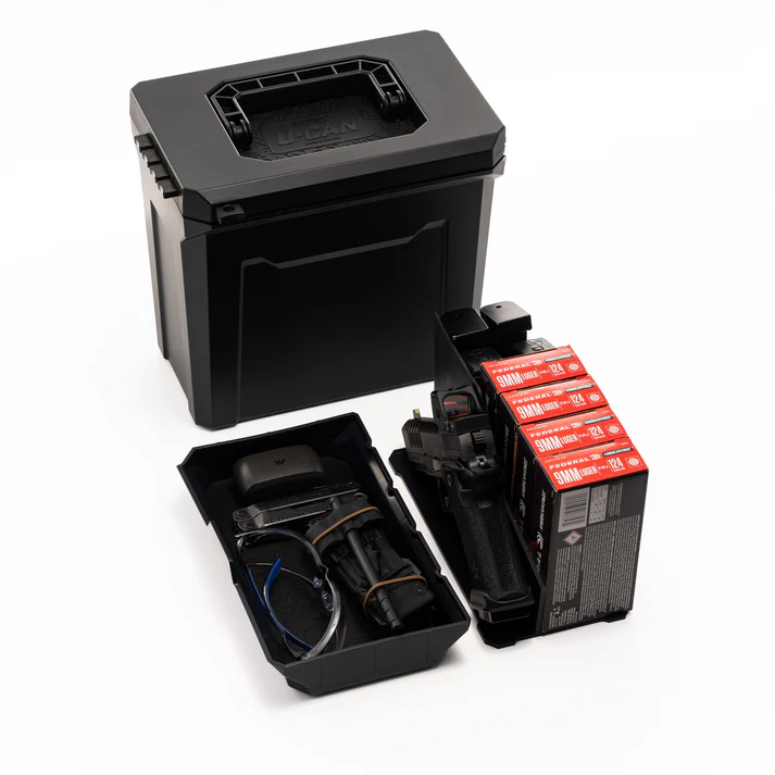 An open black ammunition case with a handgun, several boxes of 9mm ammo, and shooting accessories.