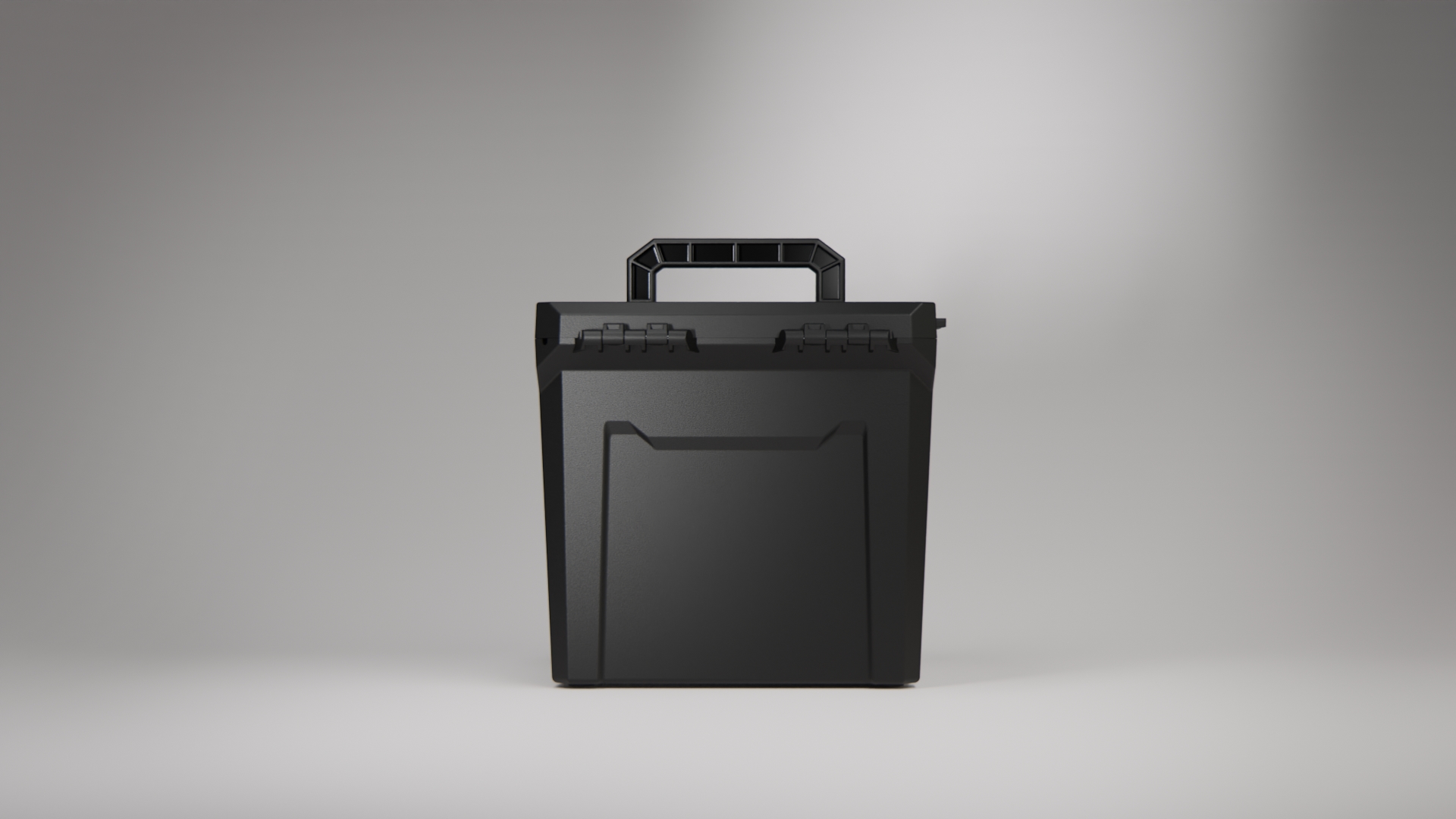A black, hard-shell carrying case with a top handle and latches, against a plain gray background.