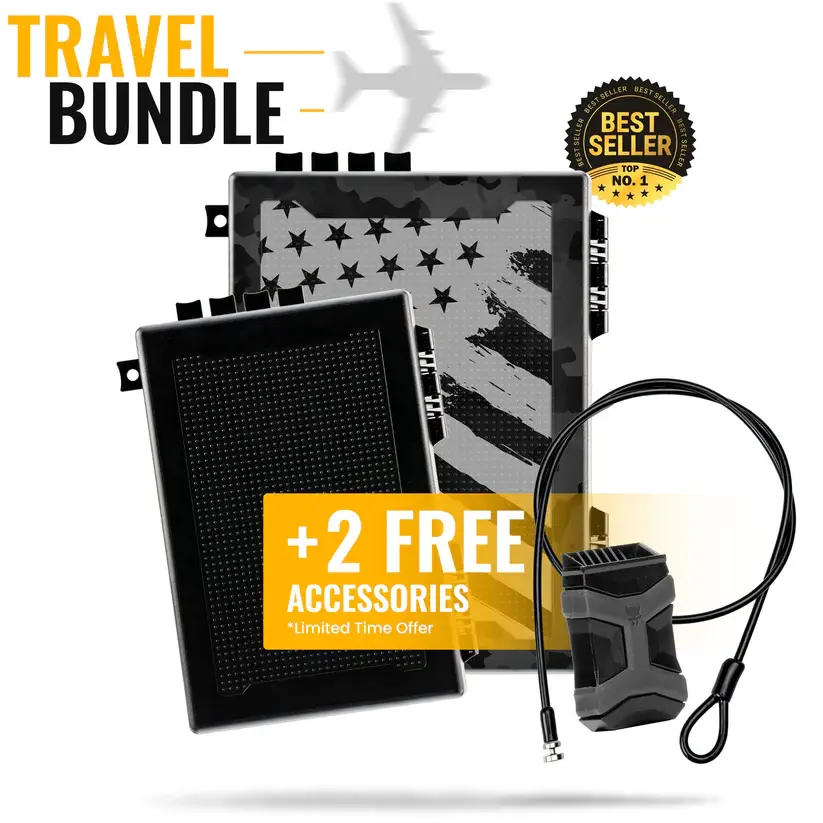 Travel bundle with two accessories, featuring a cable and two rectangular items.