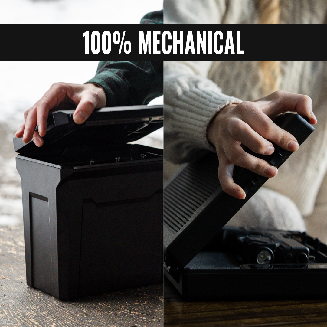 A person in a workshop holds a black Stopbox U-Can case forward with both hands.