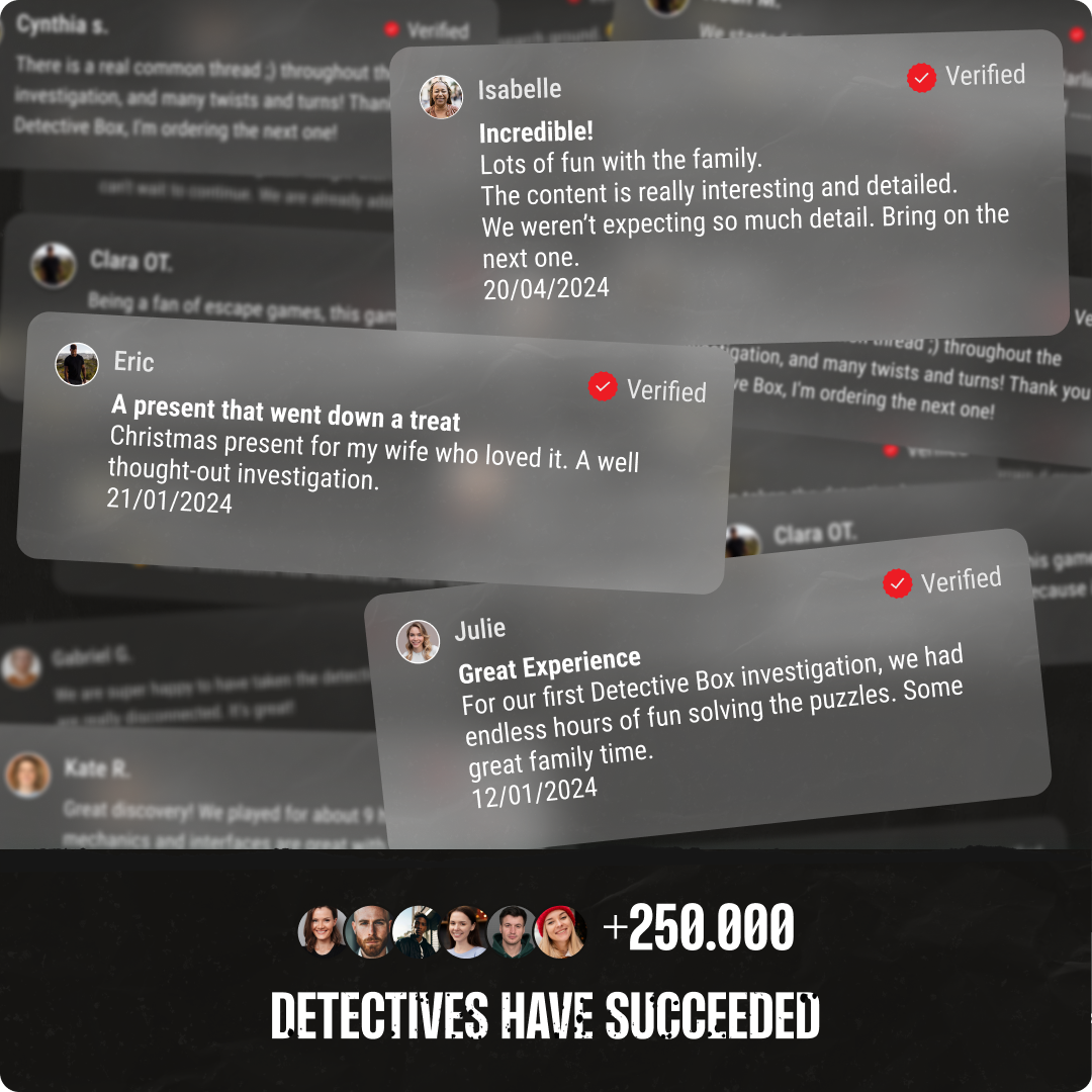 Customer reviews praising a family mystery game experience with verified icons and user images.