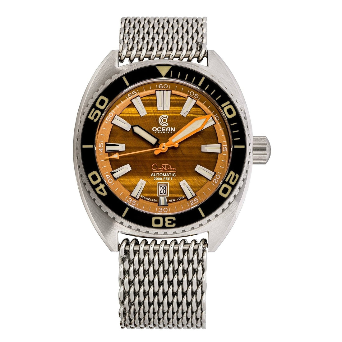 A silver-toned dive watch with a tiger's eye dial, black bezel, and a mesh metal bracelet.