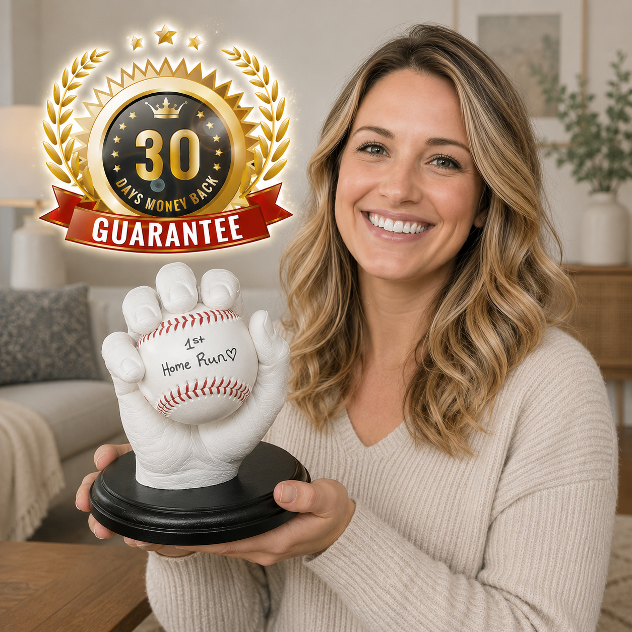 A smiling woman holds a baseball trophy with a '30 Days Money Back Guarantee' seal overlaid on the image.
