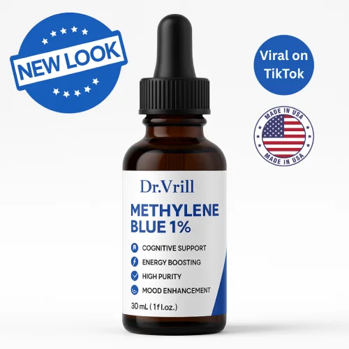 Bottle of Methylene Blue 1% with promotional text and USA flag.