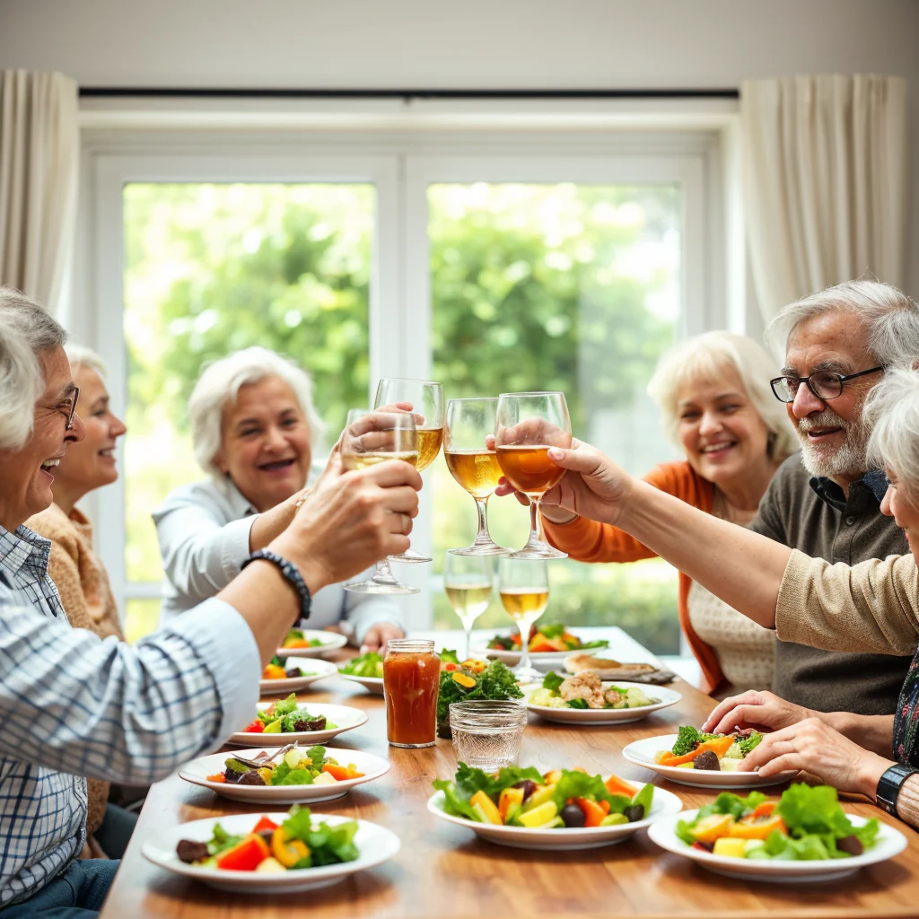 Group of people toasting with wine glasses at a dining table.