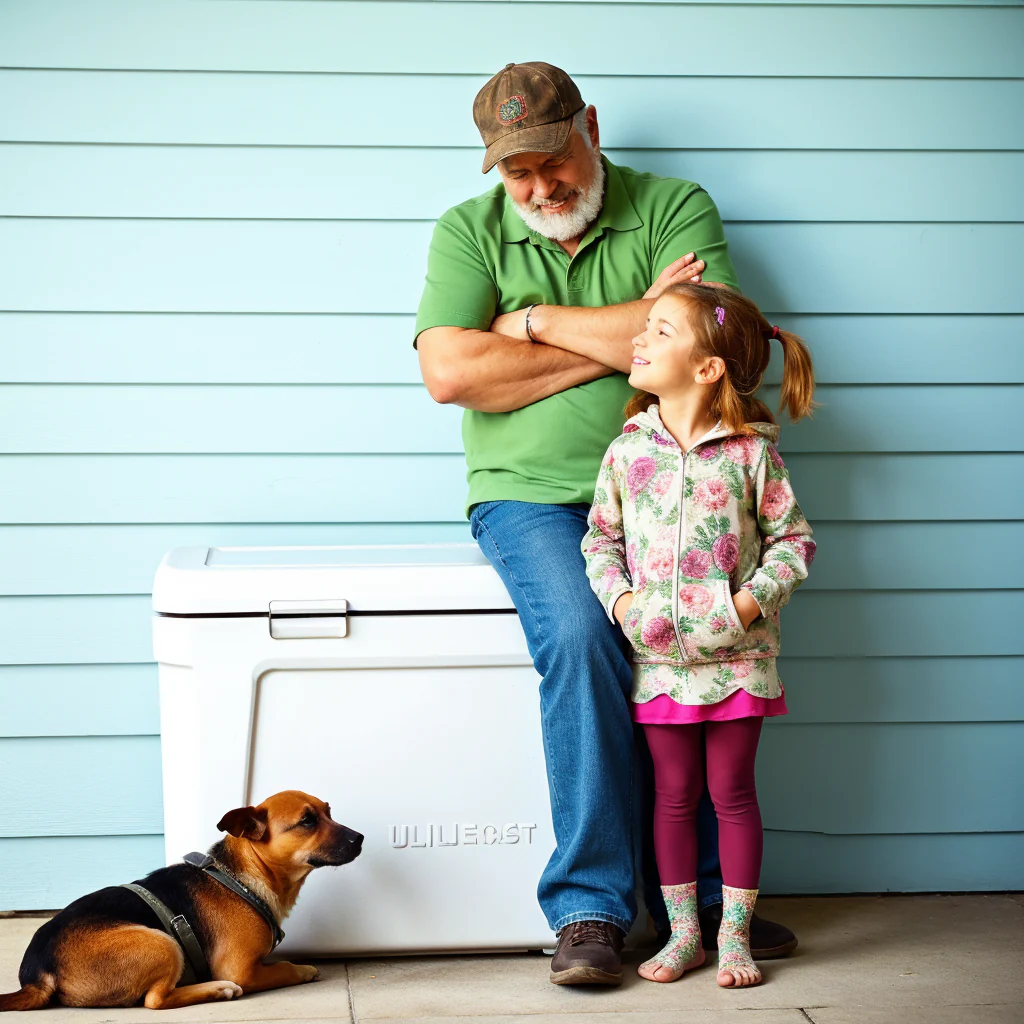 Man and girl standing next to a cooler with a small dog sitting nearby.