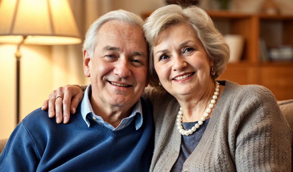 Smiling older couple sitting together in a cozy living room.