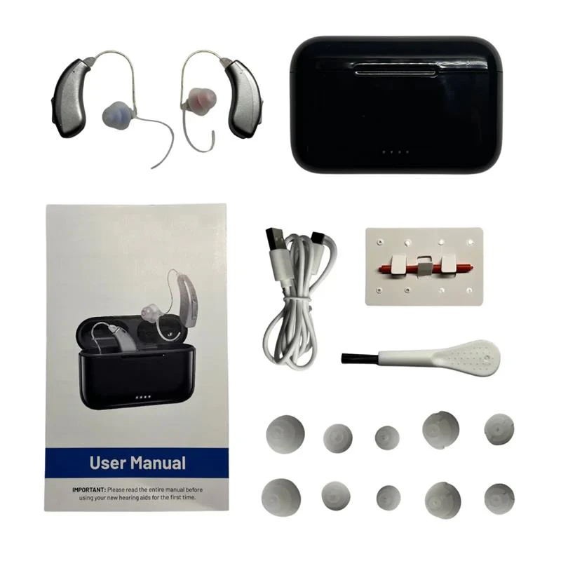 Hearing aids set with accessories, manual, and charging case.