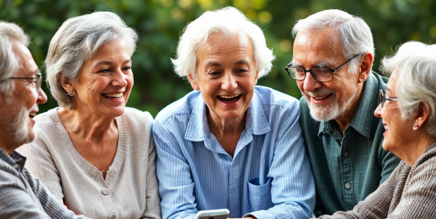 Group of older adults laughing and smiling together outside.