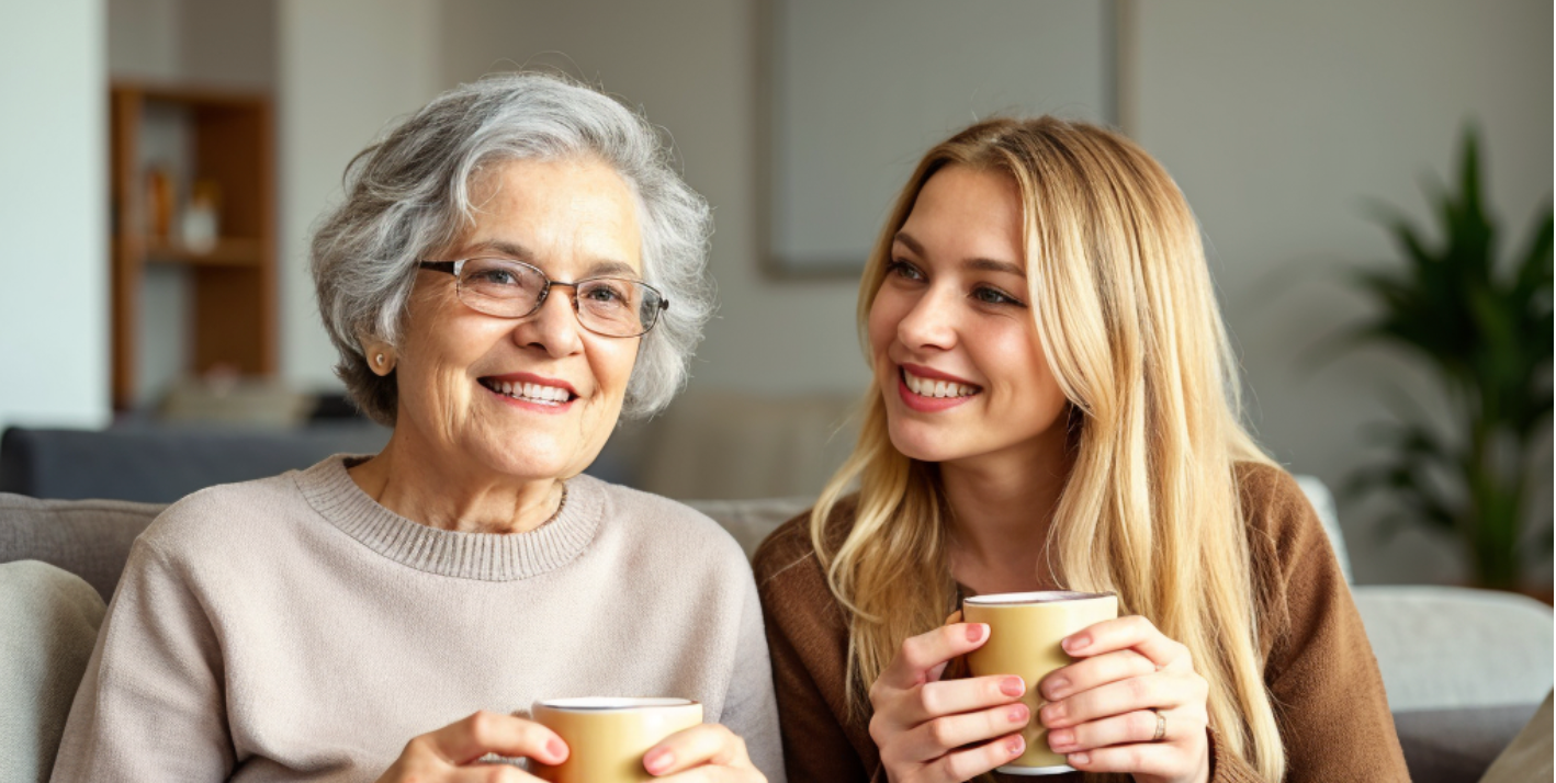 Two women sitting on a couch, smiling and holding mugs.