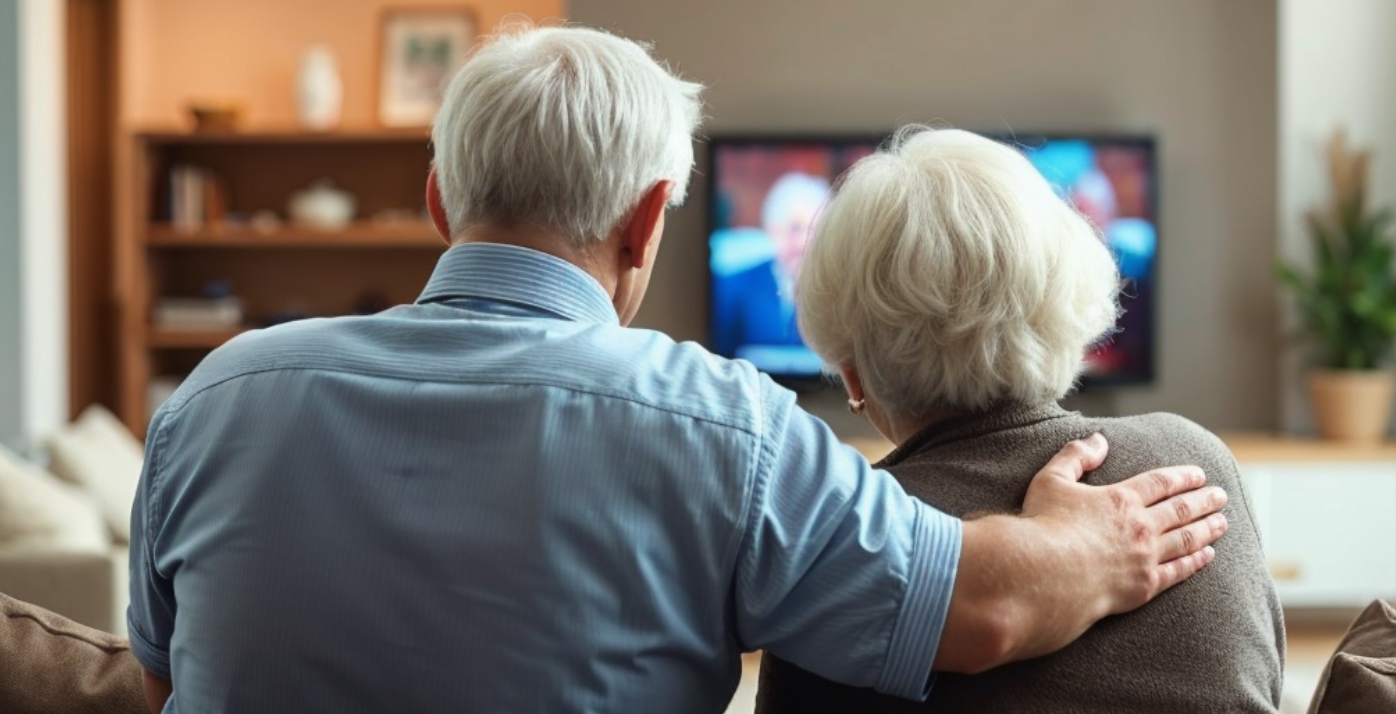 Two elderly people sitting on a couch watching TV.
